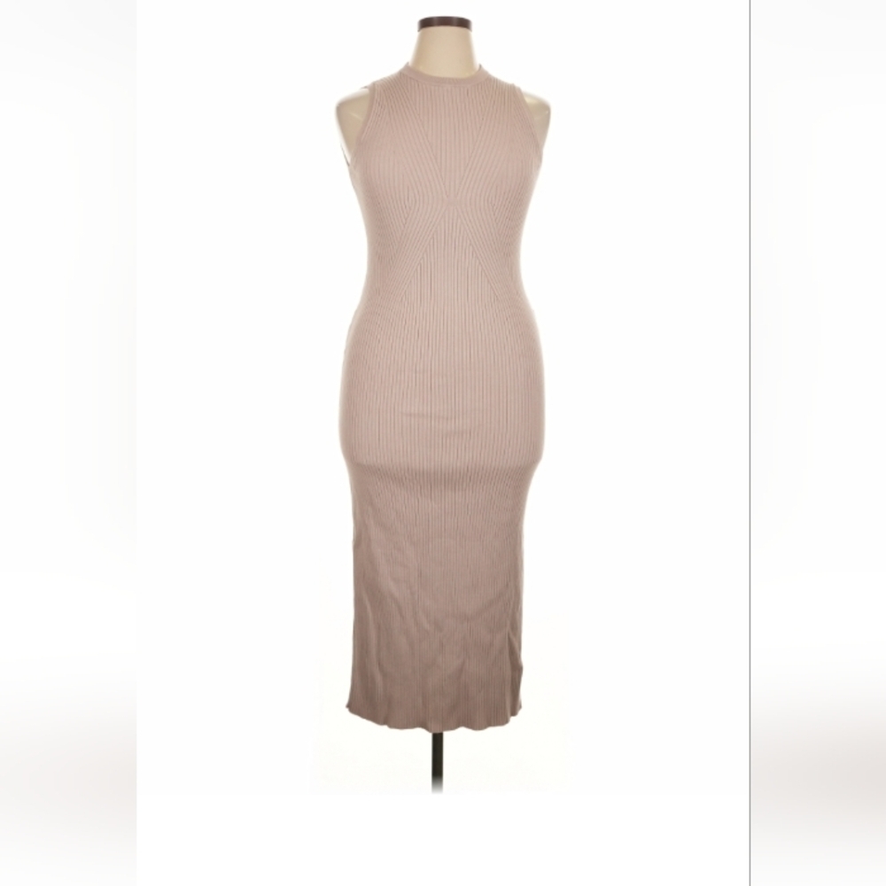 Bershka Ribbed Knit Midi Dress Tan Sleeveless XL New With Tags